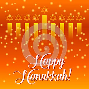 Happy Hanukkah greeting card, lights on orange. Golden bokeh backgorund.