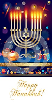 Happy Hanukkah greeting card, menorah, chanuka, dreidel, hanuka background