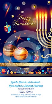 Happy Hanukkah greeting card, menorah, chanuka, dreidel, hanuka background