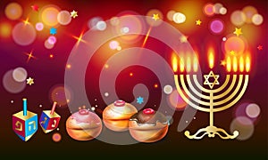 Happy Hanukkah greeting card, menorah, chanuka, dreidel, hanuka background