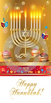 Happy Hanukkah greeting card, menorah, chanuka, dreidel, hanuka background template vector