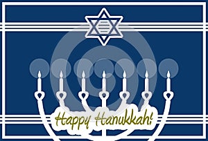 Happy Hanukkah, greeting card, menorah, white and blue, english.