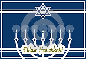 Happy Hanukkah, greeting card, menorah, white and blue, italian.