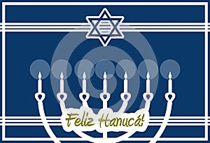 Happy Hanukkah, greeting card, menorah, white and blue, portuguese.