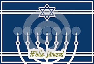 Happy Hanukkah, greeting card, menorah, white and blue, spanish.