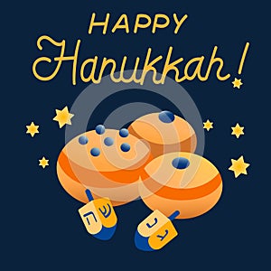 Happy Hanukkah Greeting Card with Sufganiyah, Dreidel for Hanukkah. Vector illustration