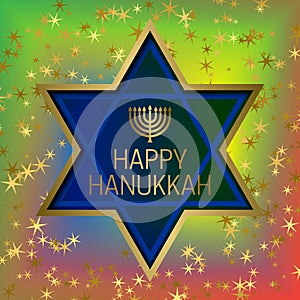 Happy Hanukkah greeting card template on colorful blended background with glittering stars and star of David frame