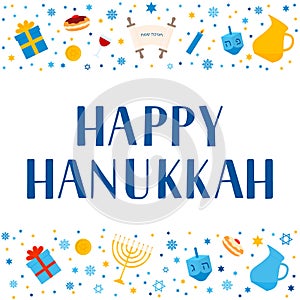 Happy Hanukkah hand lettering and traditional symbols dreidel, Menorah candle, jar, sufganiyot, etc . Jewish Festival of Lights.