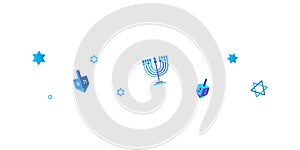 Happy Hanukkah Hebrew Blue color lettering greeting card traditional Chanukah symbols