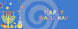 Happy Hanukkah horizontal background vector illustration in flat style