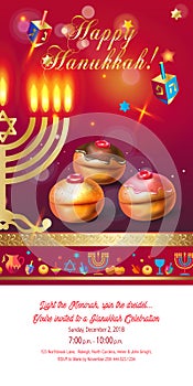 Happy Hanukkah greeting card, menorah, chanuka, dreidel, hanuka background