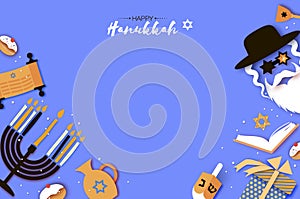 Happy Hanukkah. The Jewish Festival of Lights. Jew man character in david stars glasses. Festive menorah, dreidel. sweet