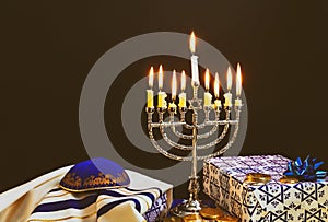 Happy Hanukkah of jewish holiday Hanukkah with menorah