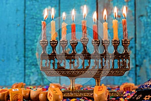 Happy Hanukkah of jewish holiday Hanukkah with menorah photo