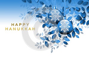 Happy Hanukkah with leaves and ornaments with Menorah and snowflake