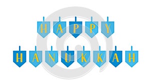 Happy Hanukkah lettering with dreidels. Jewish holiday Festival of Lights. Easy to edit vector template for banner, typography