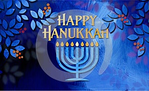 Happy Hanukkah Menorah with graphic texture leaves and berries background graphic