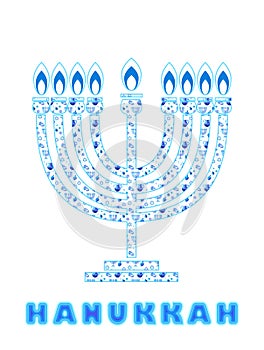 Happy Hanukkah Menorah Hebrew Blue color lettering greeting card traditional Chanukah symbols