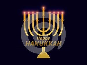 Happy Hanukkah. Menorah with nine candles. Golden gradient. Jewish festival greeting card. Vector illustration