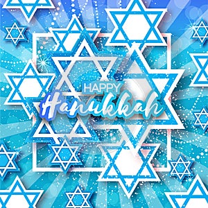 Happy Hanukkah with origami blue Magen David stars.