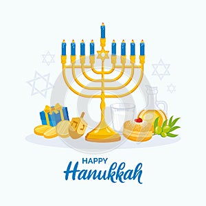 Happy Hanukkah poster with golden menorah, donut and dreidel vector illustration