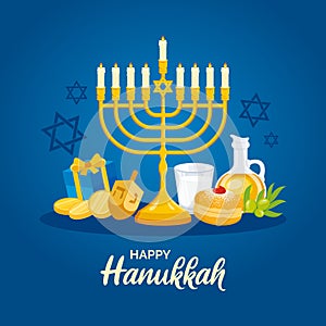Happy Hanukkah poster with golden menorah, donut and dreidel vector illustration