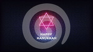 Happy Hanukkah. Red neon Star of David Jewish sign decoration for Chanukah