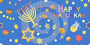 Happy Hanukkah seamless pattern vector illustration on blue background