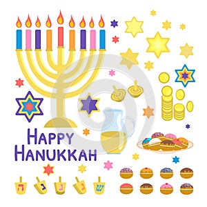 Happy Hanukkah set vector illustration isolated on white background