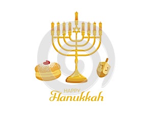 Happy Hanukkah Sign with golden menorah, donut and dreidel icon vector