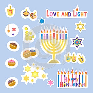 Happy Hanukkah stickers vector illustration isolated on blue background