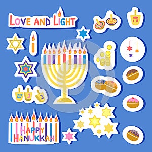 Happy Hanukkah stickers vector illustration isolated on blue background