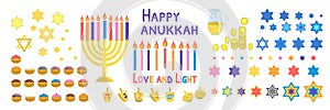 Happy Hanukkah symbols set vector illustration isolated on white