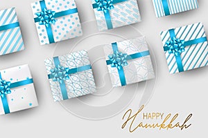 Happy Hanukkah. Traditional Jewish holiday celebration. Chankkah banner background design concept. Judaic religion decor - gift bo