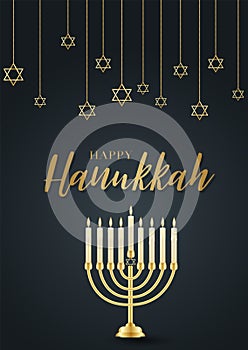 Happy Hanukkah. Traditional Jewish holiday. Chankkah banner, poster or flyer design concept, black luxury background.