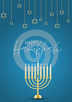 Happy Hanukkah. Traditional Jewish holiday. Chankkah banner, poster or flyer design concept, blue background.