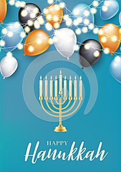 Happy Hanukkah. Traditional Jewish holiday. Chankkah banner, poster or flyer design concept, blue background. Judaic religion deco