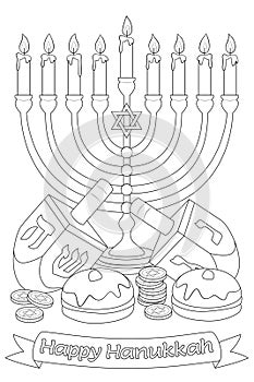 Happy Hanukkah. Vector illustration. Coloring page. Greeting card.