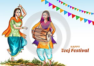 Happy hariyali teej festival with woman dancing card background photo