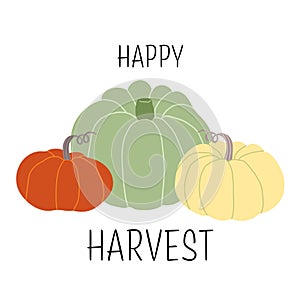 Happy harvest card with different pumpkins. Hand drawn pumpkins on white background