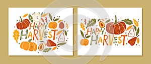 Happy Harvest card set. Hand drawn lettering with autumn fruits and vegetables on white background. Harvest, Autumn