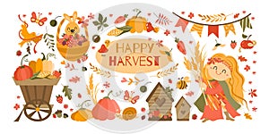 Happy Harvest Festival Set. Hand drawn lettering phrase and Happy harvest symbols. Autumn Pumpkin, corn and girl