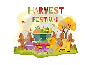 Happy Harvest Festival Vector Illustration of Autumn Season Background with Pumpkins, Maple Leaves, Fruits or Vegetables