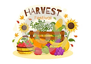 Happy Harvest Festival Vector Illustration of Autumn Season Background with Pumpkins, Maple Leaves, Fruits or Vegetables