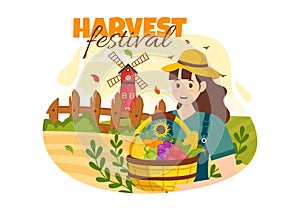 Happy Harvest Festival Vector Illustration of Autumn Season Background with Pumpkins, Maple Leaves, Fruits or Vegetables