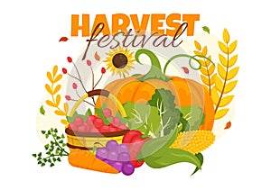 Happy Harvest Festival Vector Illustration of Autumn Season Background with Pumpkins, Maple Leaves, Fruits or Vegetables