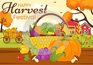 Happy Harvest Festival Vector Illustration of Autumn Season Background with Pumpkins, Maple Leaves, Fruits or Vegetables