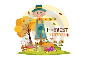 Happy Harvest Festival Vector Illustration of Autumn Season Background with Pumpkins, Maple Leaves, Fruits or Vegetables