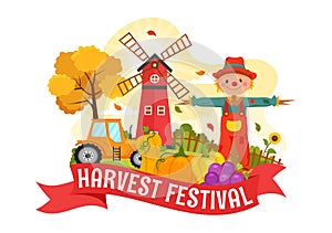 Happy Harvest Festival Vector Illustration of Autumn Season Background with Pumpkins, Maple Leaves, Fruits or Vegetables