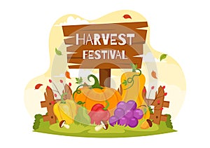 Happy Harvest Festival Vector Illustration of Autumn Season Background with Pumpkins, Maple Leaves, Fruits or Vegetables